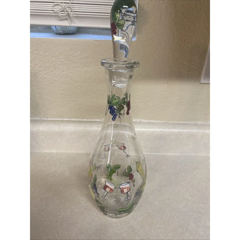 Vintage Hand Painted Wine Decanter Glass Stopper Lid Grapes Wine Cheese